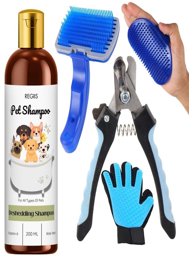 مجموعة ريجيس للعناية بالحيوانات الأليفة مع شامبو لإزالة الشعر الزائد، زجاجة سعة 200 مل، فرشاة وقفاز من السيليكون الأزرق، مجموعة احترافية لإزالة شعر الكلاب والقطط (عبوة من 5 قطع) - Image 1